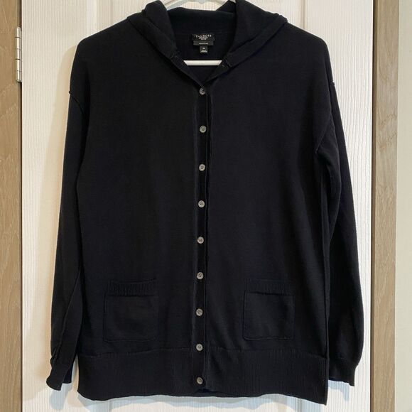 Talbots knit cardigan hooded black womens Petite M soft cozy 100%PimaCotton - Picture 1 of 7